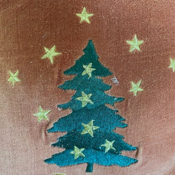 Vintage WINE VELVET PILLOW w GOLD EDGE * GREEN Embroidered TREE * GOLD "Peace" - Picture 4 of 7